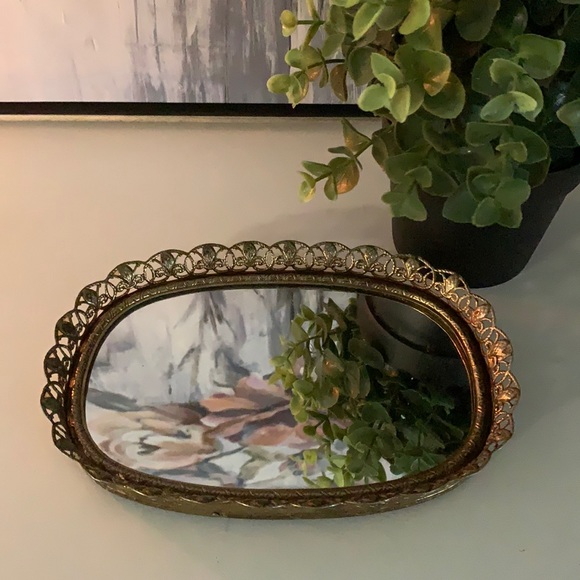 Vintage Victorian shabby chic gold metal small vanity tray / wall hanging mirror